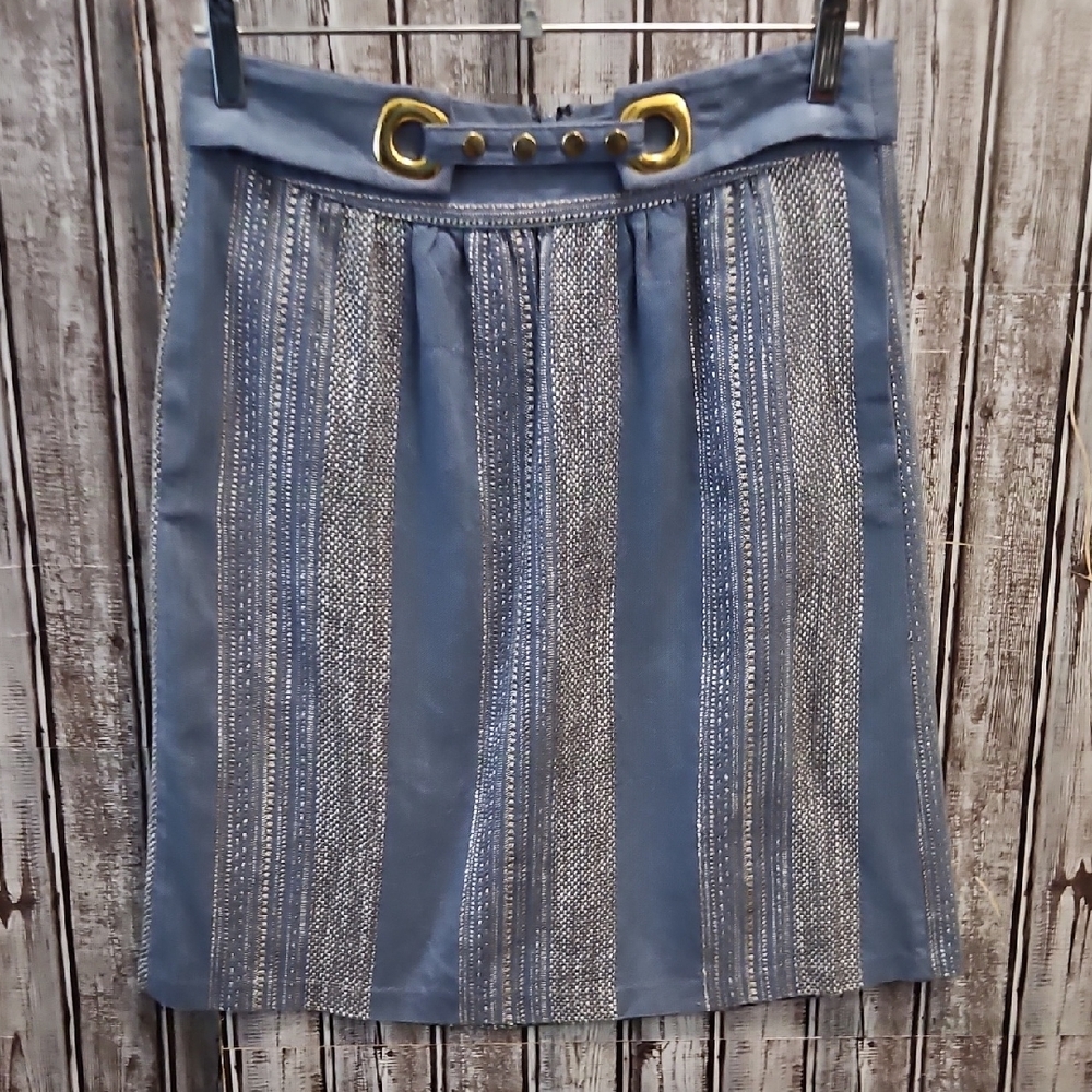 Anthropologie MADCHEN Blue and Gold Pleated Pencil Skirt Sz. 4